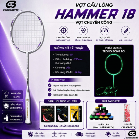 Vợt cầu lông phát sáng ProKennex Hammer 18 căng sẵn 10.5kg tặng kèm túi đựng và quấn cán vợt giá rẻ
