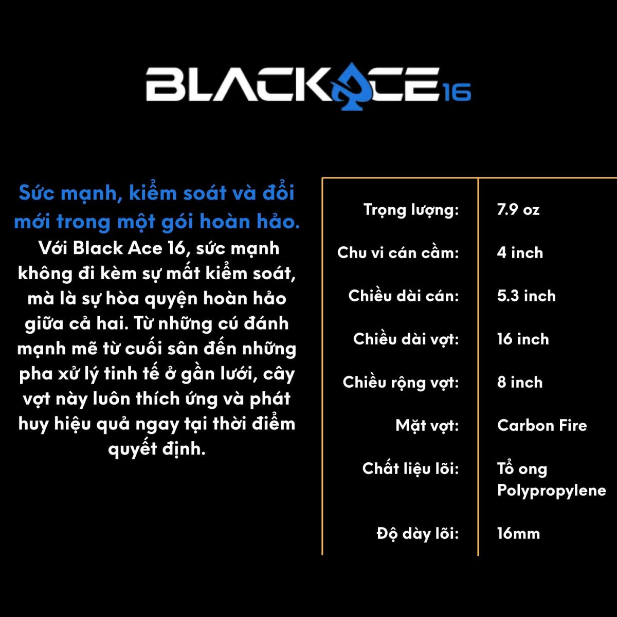 thong so vot Pickleball Prokenne Black Ace 16