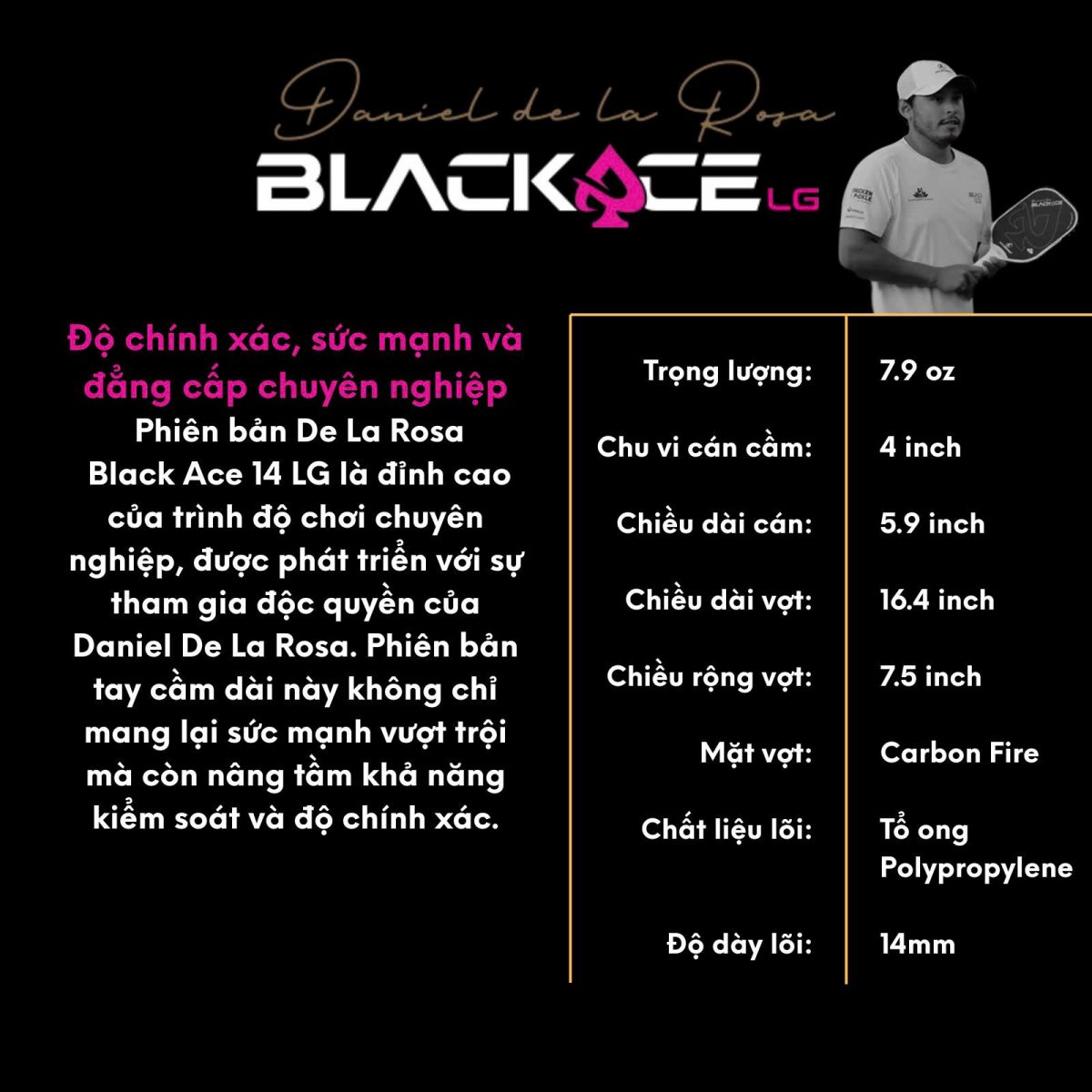 thong so vot pickleball black ace lg 14