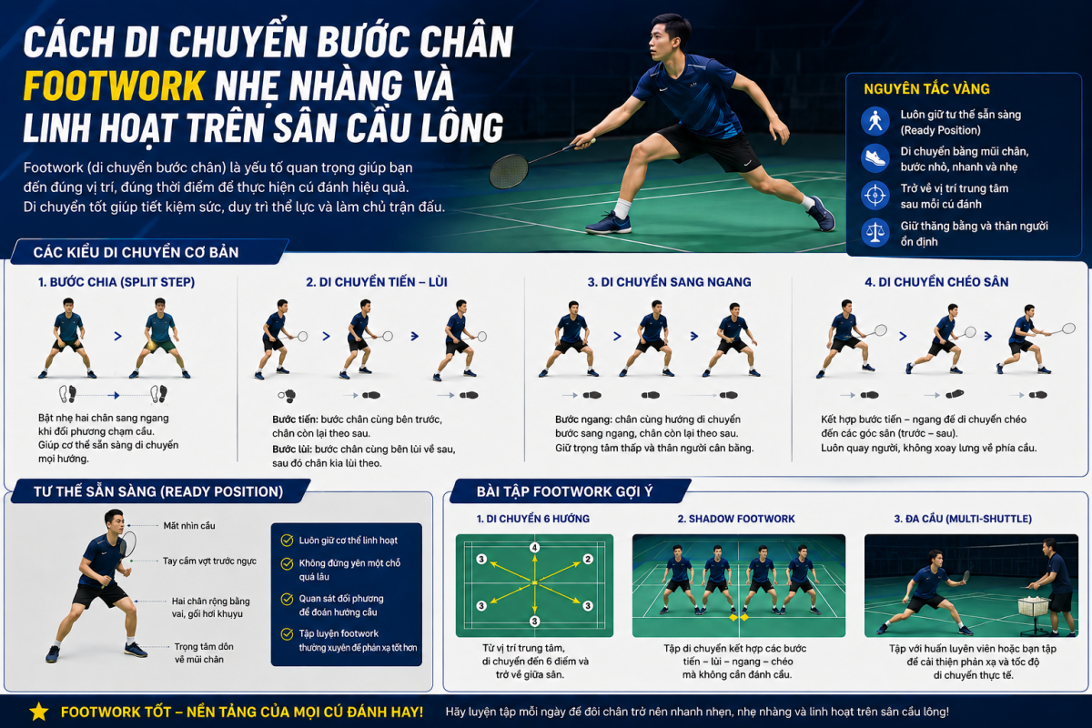 C&aacute;ch di chuyển bước ch&acirc;n (Footwork) nhẹ nh&agrave;ng v&agrave; linh hoạt tr&ecirc;n s&acirc;n cầu l&ocirc;ng